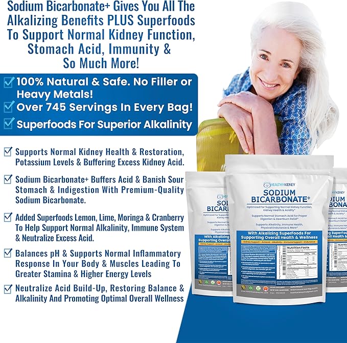 Organic Use Sodium Bicarbonate Alkaline Supplement for Alkalinity. Support Kidneys & Stomach Acid Neutralizer w/Alkaline Superfoods. Sodium Bicarbonate Powder Kidney Immune Support Antacid Sports 1LB