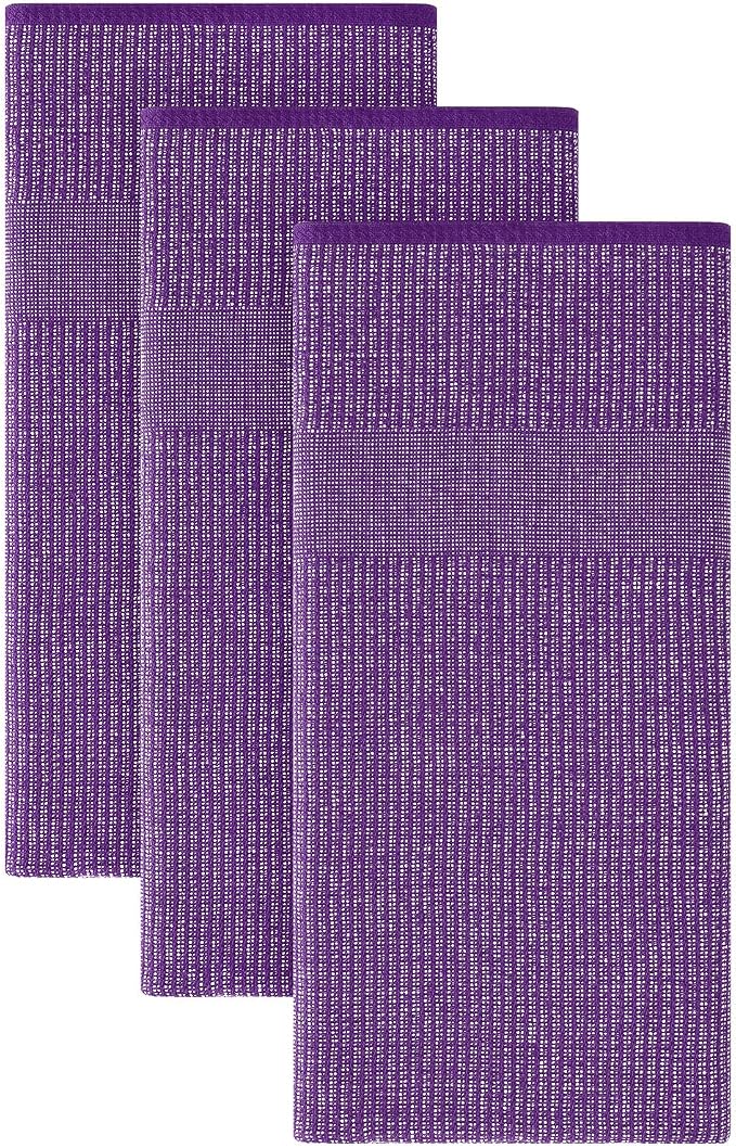 Homaxy Premium Kitchen Towels(18”x 28”, 3 Pack), Large Cotton Kitchen Hand Towels, Flat and Terry Dish Towels, 380 GSM Highly Absorbent Tea Towel Set with Hanging Loop, Purple