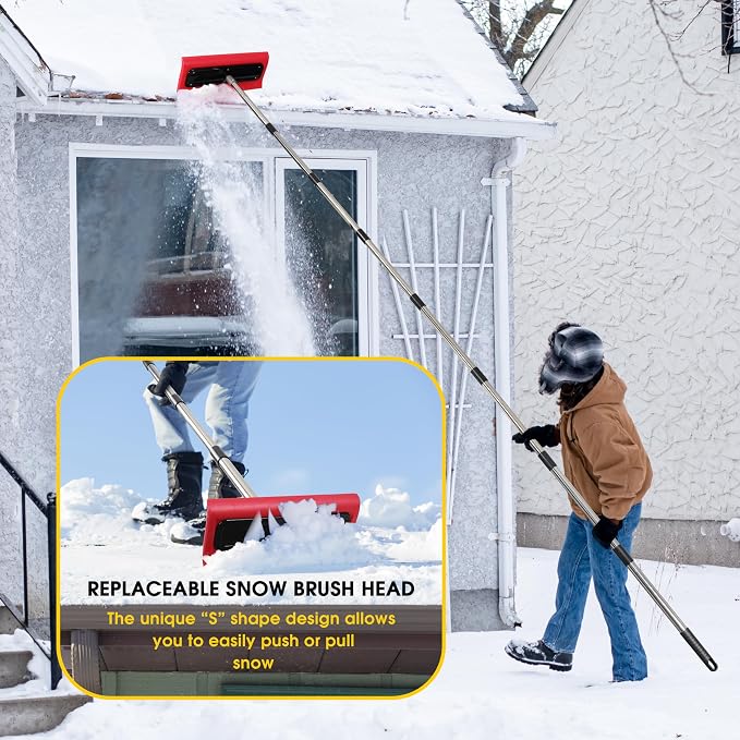 2-in-1 Leaf Roof Brush and Snow Rake, Roof Cleaning Brush & Leaf Removal Tool, Adjustable 5-20ft Cleaning Brush Tool for Cleaning Shingles, Solar Panels, Car Tops with No-Scratch Head
