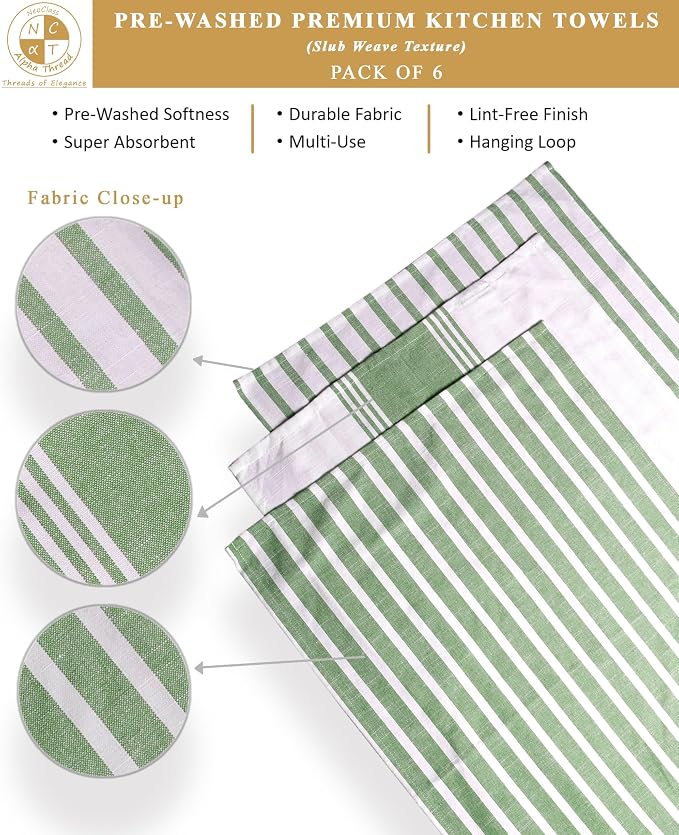 Pack of 6 Cotton Kitchen Towels Set, Dish Towels, Cleaning Rags, Kitchen Dish Cloths for Washing Dishes, Cotton Cleaning Cloths, Ultra Soft, Lightweight & Quick Dry, Slub Weave, 28" x 18" (Olive)