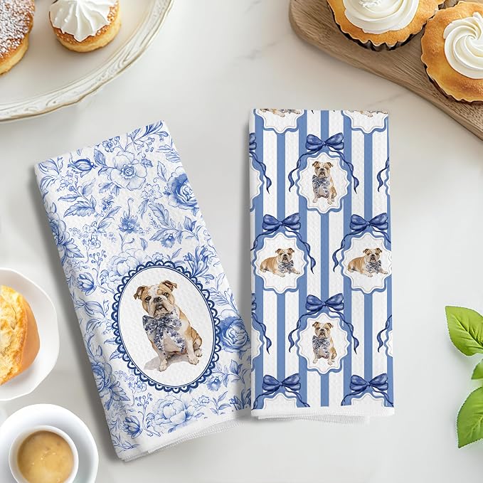 Chinoiserie French Bulldog Kitchen Towels, Blue and White Floral French Bulldog Gifts Dish Tea Towels,Grandmillennial Botanical Dog Hand Towels for Kitchen Bathroom, 16x24 Inch Set of 2