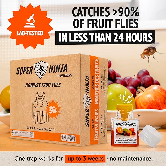 Super Ninja Fruit Fly Traps for Indoors - 36 Pack, Highly Effective Fruit Fly Catcher for Indoor Use for Home & Kitchen, Up to 3 Weeks of Performance per Bottle, Kid & Pet Friendly