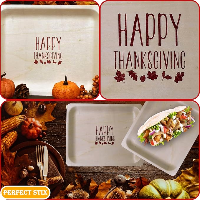 Perfect Stix 10" Disposable Wooden Plate with Happy Thanksgiving Print - Pack of 25ct