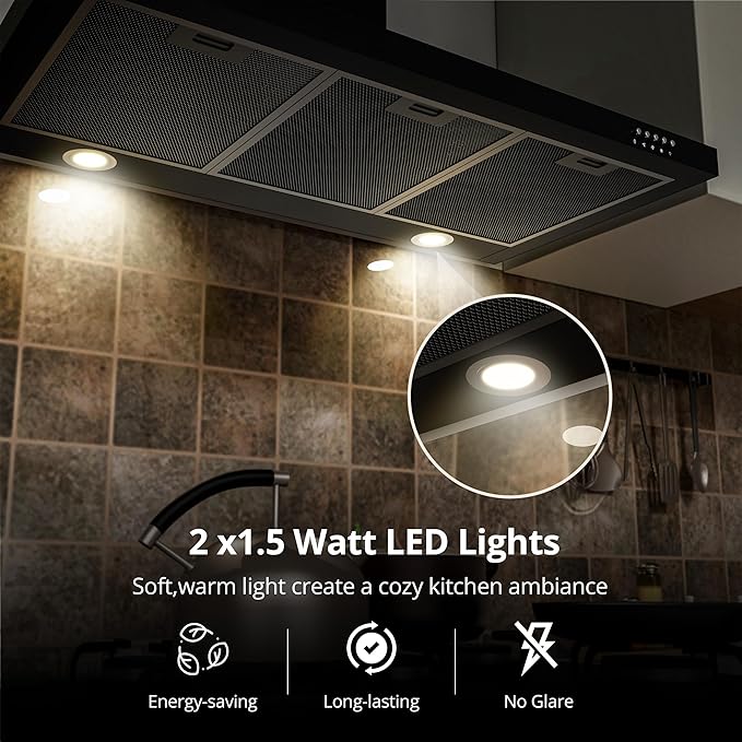 FIREGAS Black Range Hood 36 inch with Ducted Convertible Ductless, Kitchen Wall Mount Chimney-Style Over Stove Vent, 3 Speed Exhaust Fan, LED Lights