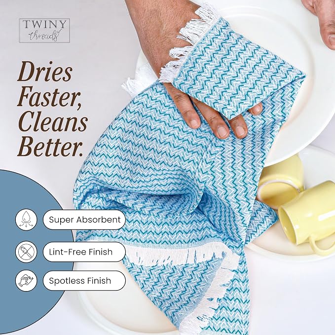 TWINY threads Kitchen Dish Towel Chevron Weave, Large Premium 100% Cotton Kitchen Linen Set, Absorbent Dish Rags for Drying Dishes, Quick Drying Washable Reusable, 12 Pack, 16x26 Inch, Turquiose Blue