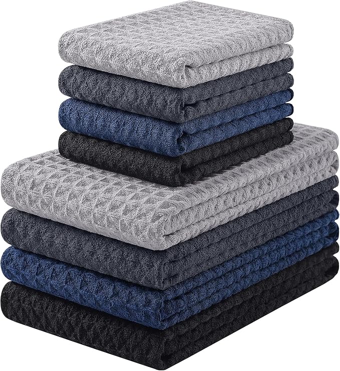 Homaxy Microfiber Waffle Weave Kitchen Towels Set, 16 x 28 Inch and 12 X 12 Inch Ultra Absorbent and Solid Color Dish Towels, 8 Pack, Navy Blue/Grey/Black/Dark Grey