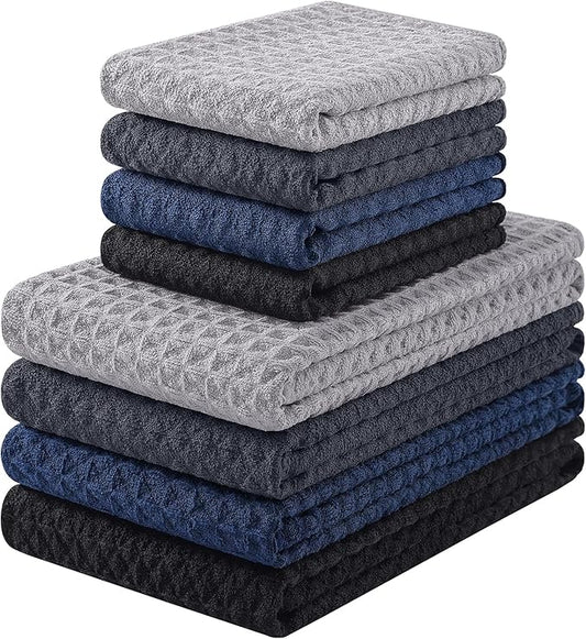Homaxy Microfiber Waffle Weave Kitchen Towels Set, 16 x 28 Inch and 12 X 12 Inch Ultra Absorbent and Solid Color Dish Towels, 8 Pack, Navy Blue/Grey/Black/Dark Grey