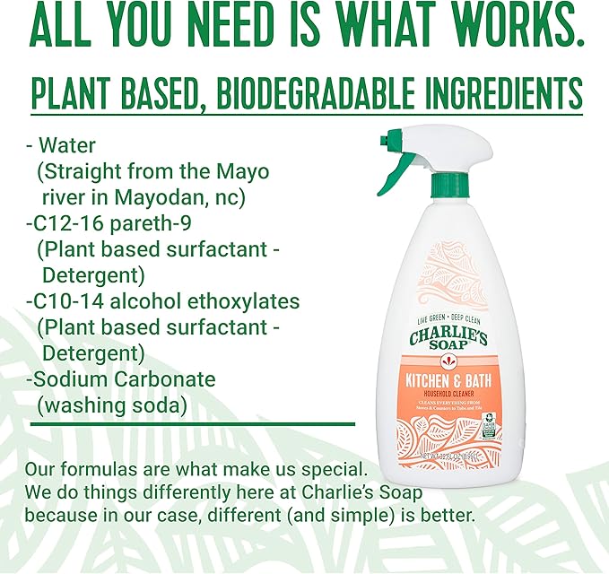 Charlie's Soap Kitchen & Bath Household Cleaner Spray (32 Fl. Oz., 1 Pack) Biodegradable Natural Kitchen and Bathroom Multi-Surface Cleaner
