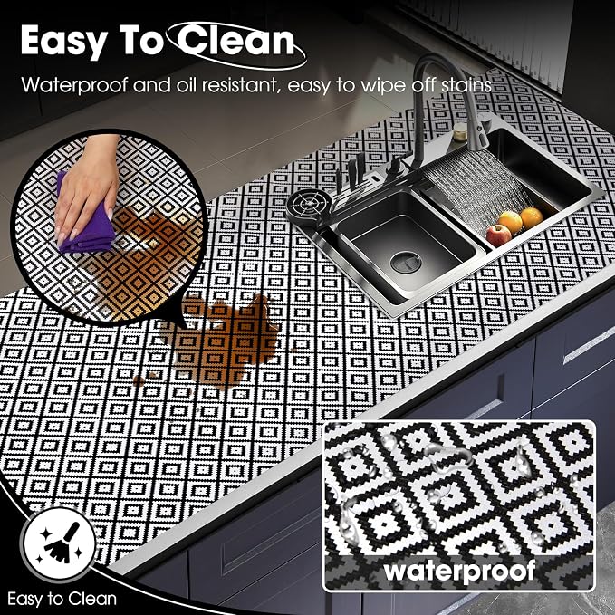 Drawer and Shelf Liner, Non-Slip Kitchen Cabinet Liners Non-Adhesive Thick Strong Grip Waterproof Washable Mats Protect Dresser Shelves Cupboard Bathroom Cabinets, Black & White, 18 in X 30 FT