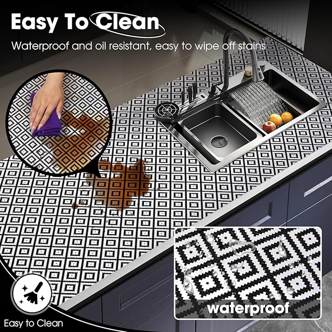 Drawer and Shelf Liner, Non-Slip Kitchen Cabinet Liners Non-Adhesive Thick Strong Grip Waterproof Washable Mats Protect Dresser Shelves Cupboard Bathroom Cabinets, Black & White, 18 in X 20 FT