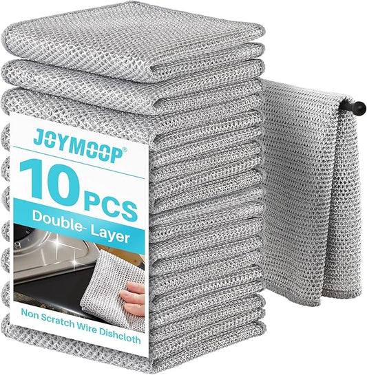 JOYMOOP Non Scratch Wire Dishcloth-10 PCS, Double Layers Multipurpose Wire Dishwashing Rags, Wet & Dry Cleaning Rags for Dishes, Cookware, Sinks, Stoves & Fireplaces (11.8” x 11.8”)