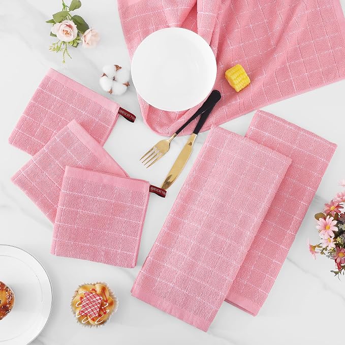 Homaxy Kitchen Towels and Dishcloths Set, 12 x 12 and 13 x 28 Inches, Set of 10 Bulk Cotton Terry Kitchen Towels Set, Checkered Designed, Soft and Super Absorbent Dish Towels, Pink