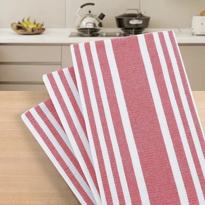 Homaxy Premium Kitchen Towels 18”x 28”, Large Cotton 380 GSM Kitchen Hand Towels, Stripe and Terry Dish Towel, Highly Absorbent Tea Towel Set with Hanging Loop, 8 Pack, Red