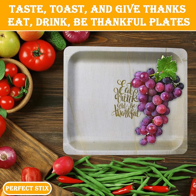 Perfect Stix - Perfectware 10-Eat,Drink,be Thankful-25 10" Disposable Wooden Plates with Thanksgiving Theme Print"Eat, Drink, and be Thankful" - Pack of 25ct