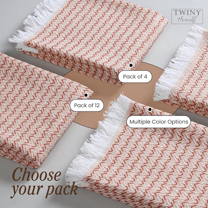 TWINY threads Kitchen Dish Towel Chevron Weave, Premium Large 100% Cotton Kitchen Linen Set, Dish Rags and Wash Rags, Absorbent Quick Drying, Washable Reusable, Pack of 4, 16 x 26 Inch, Rust