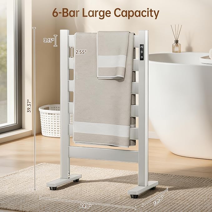 Heated Towel Rack – Rapid PTC Heating, LED Timer Control, High Temp & Large Capacity – 6 Bars Premium Freestanding Bathroom Towel Warmer,Matte White