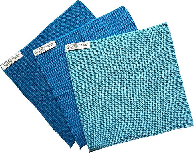 Solwang 3-Piece Danish Cotton Dishcloths in 100% Certified Organic Cotton Made in India (Ocean Blue Organic Combi)