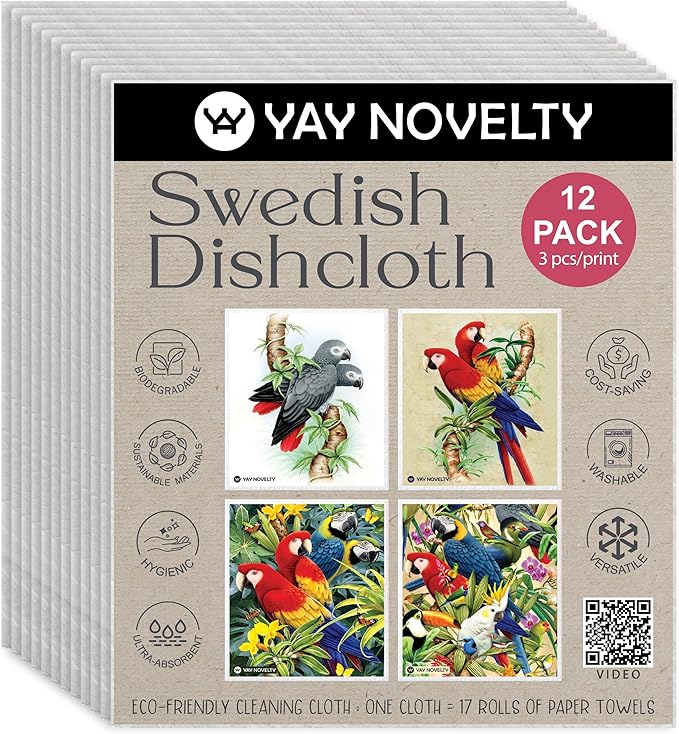 Swedish Dishcloths - 12 Pack | Made in Germany | Ultra-Absorbent, Reusable Cellulose Sponge Cloths for Kitchen | No-Odor, Eco-Friendly Cleaning Wipes | Water-Based Ink | Parrot