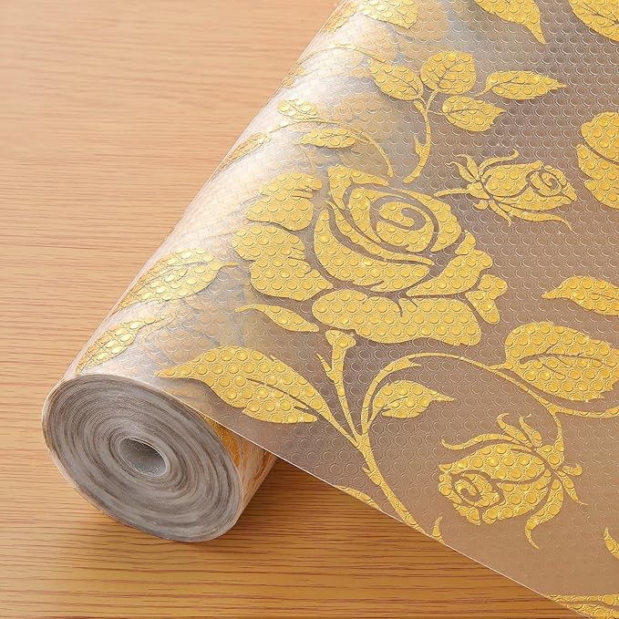 INNOLITES Shelf Liner for Cabinets, Non-Adhesive for Kitchen Drawer Liner, Waterproof Shelf Paper with Floral Pattern, Durable Easy to Clean (Golden Rose, 17.5" x 78.7")