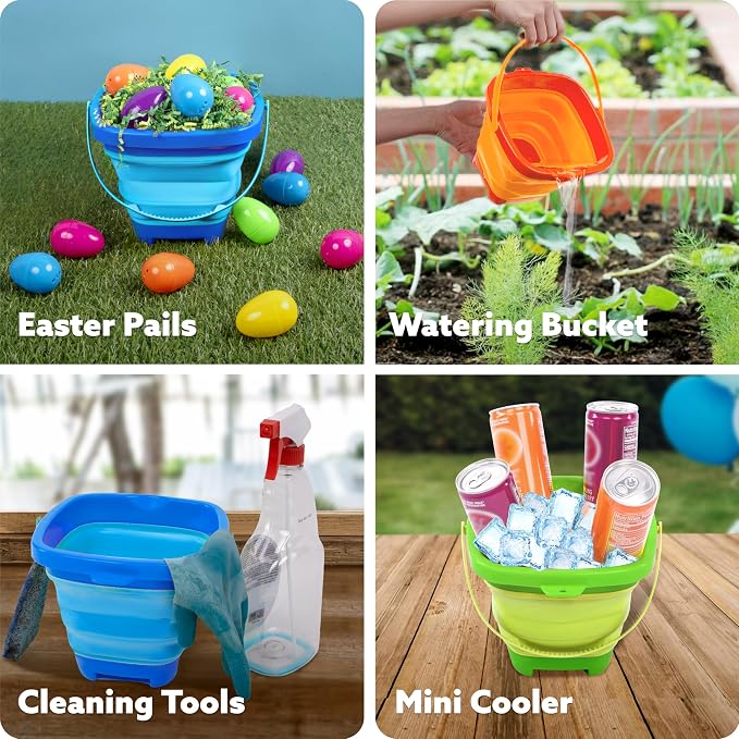 Sloosh 3-Pack Collapsible Sand Toys - Square Foldable Pail Silicone Beach Water Bucket with 3 Shovels for Sandbox Play, Party in Summer Portable Toddler Kids Toys Beach Travel (Orange/Blue/Green)