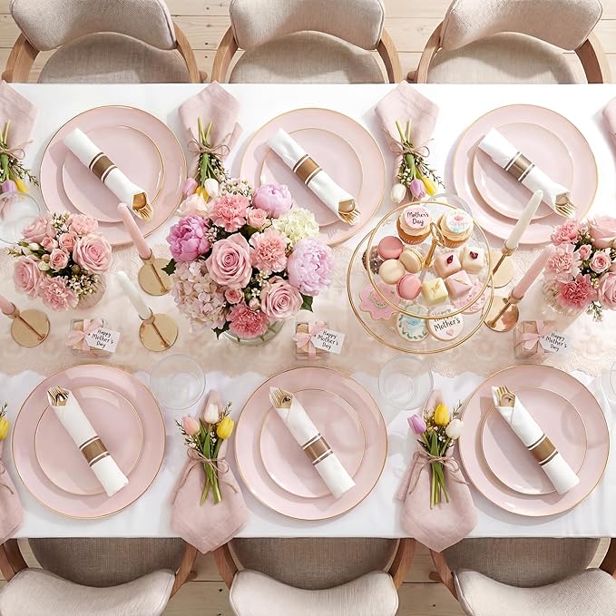 KIRE 350 PCS Pink Plastic Plates - Pink and Gold Disposable Dinnerware 50 Guest Include 50 Dinner Plate - 50Dessert Plate - 50Pre Rolled Napkins with Silverware for Party/Wedding/Baby Shower