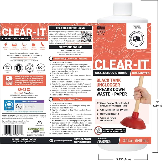 Unique Clear-It RV Black Tank Unclogger Liquid – Breaks Through Pyramid Plugs, Compacted Tanks & Clogged Pipes Without Messy Tools (32 oz) Amazon-Exclusive Packaging