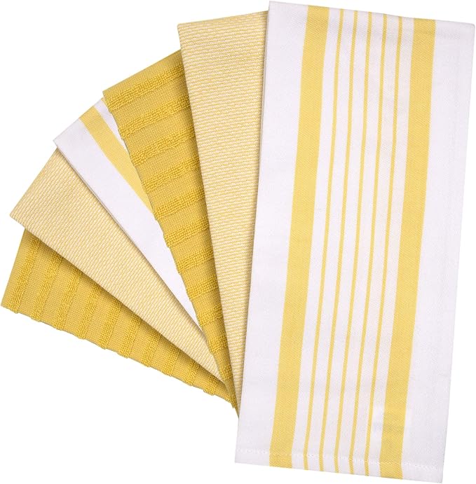 Premium Kitchen Towels (20”x 28”, 6 Pack) | Large Cotton Dish Towels | Flat & Terry Highly Absorbent Kitchen Linen Set with Hanging Loop | Yellow Striped