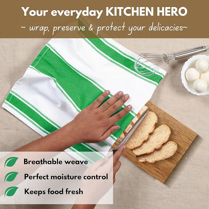 Native Fab Green Kitchen Towels 18 x 28 Inch, 6 Pack, Wide Stripe, Super Absorbent, Fast Dry, Soft, Cotton Dish Towels for Wiping Hands, Drying Dishes, Counter Cleaning Dish Cloth Set - Green