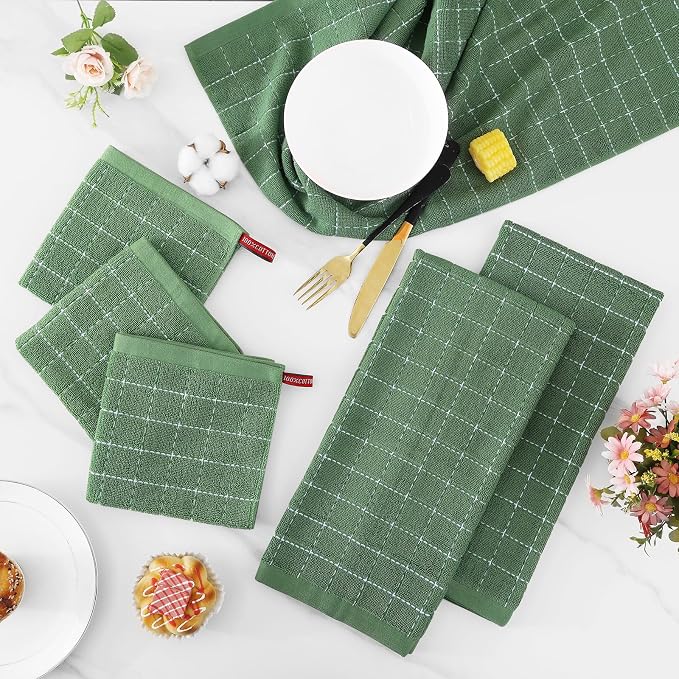 Homaxy Kitchen Towels and Dishcloths Set, 12 x 12 and 13 x 28 Inches, Set of 10 Bulk Cotton Terry Kitchen Towels Set, Checkered Designed, Soft and Super Absorbent Dish Towels, Grass Green