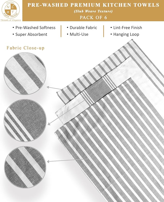 Pack of 6 Cotton Kitchen Towels Set, Dish Towels, Cleaning Rags, Kitchen Dish Cloths for Washing Dishes, Cotton Cleaning Cloths, Ultra Soft, Lightweight & Quick Dry, Slub Weave, 28" x 18" (Gray)