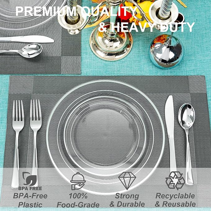 I00000 60PCS Silver Plastic Plates, Clear Plates with Silver Rim 10 Inch, Ideal for Weddings, Parties,Birthday