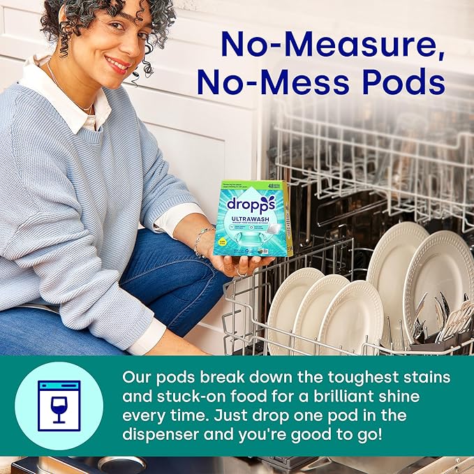 Dropps UltraWash Dishwasher Detergent Pods, Lemon Citrus (120 Ct) - Cuts Grease & Stuck-On Food | Sparkling Dishes & Glasses | Residue-Free | Clean Ingredients | No Pre-Rinse | Plastic Free Packaging