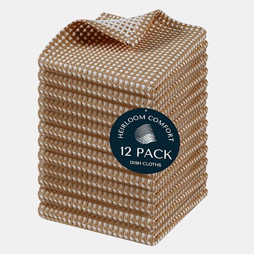 12 Pack Dual Waffle Weave Dish Cloth, 100% Cotton, 12"x12", Super Absorbent, Quick Dry Dishcloth Set, Soft for Cleaning, Drying Dishes, Multi Use, Durable Hand Dish Rag, Brown