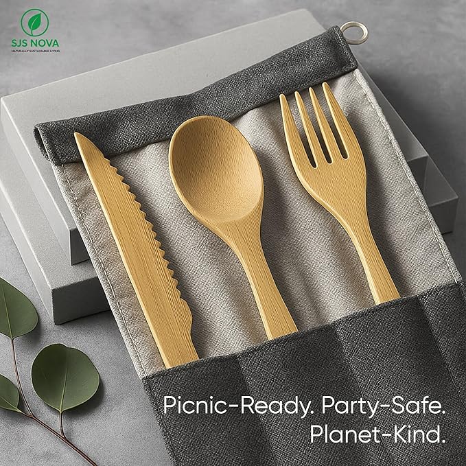 Premium Pre-Rolled Napkin and Bamboo Cutlery Set (60 Pack, 240 PCS) 100% Biodegradable, Eco-Friendly, Disposable Wrapped Cutlery-Includes Pre-Wrapped Bamboo Forks, Knives, Spoons, & Napkins