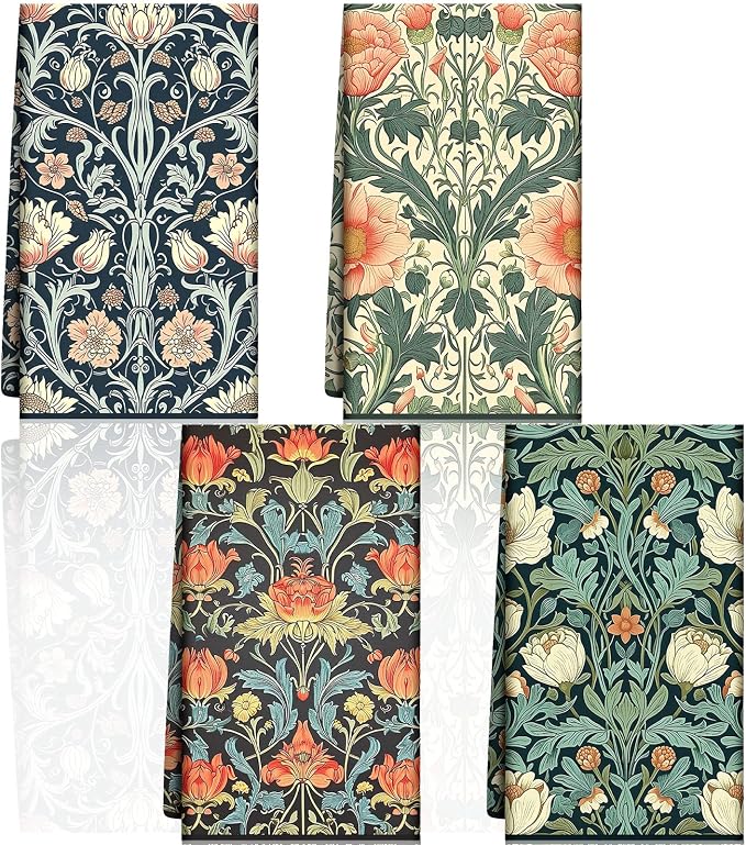Tegeme 4 Pcs William Morris Floral Kitchen Dishcloth Retro Vintage Flowers Dish Towel 18 x 26 Inch Reusable Absorbent Towel Microfiber Decor for Bathroom Baking Cooking Cleaning Holiday Party Supplies