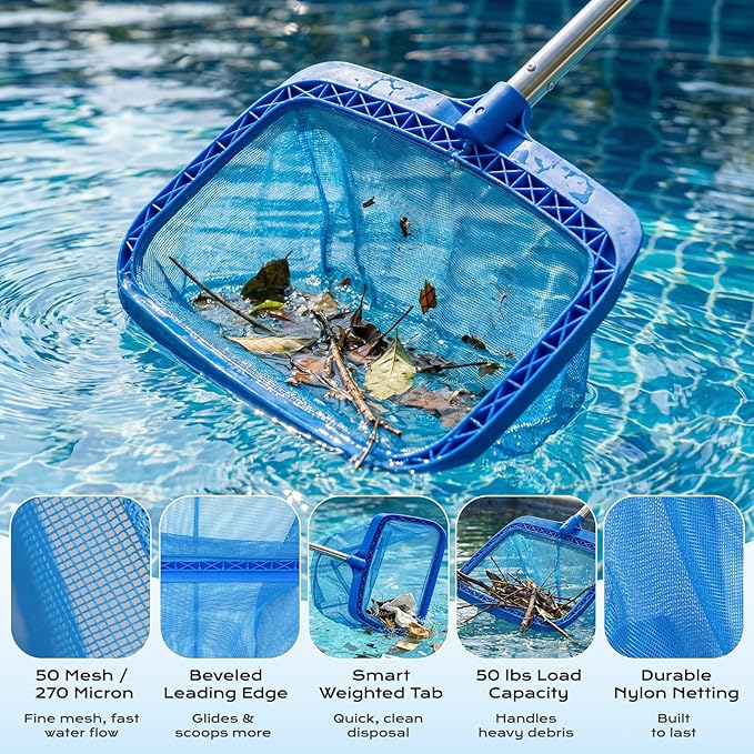 Pool Cleaning Kit with Telescopic Pole, Pool Net with Pole & Dual Skimmers – Premium Pool Accessories for Inground Pools