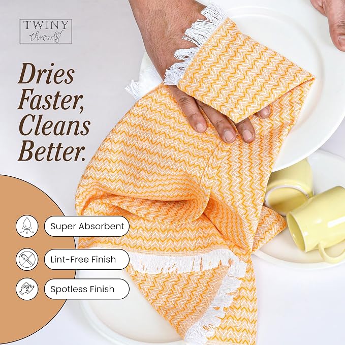 TWINY threads Kitchen Towel Chevron Design, Premium Large Kitchen Linen Set, 100% Cotton Dish Rags, Absorbent Quick Drying Wash Rags for Drying Dishes, Reusable, Set of 12, 16x26 Inch, Mustard Yellow