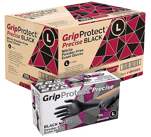 GripProtect® Precise Black Nitrile Gloves, Exam, 4 Mil, Food, Home, Cleaning, Medical/Dental, Tattoo (Large, 1,000)