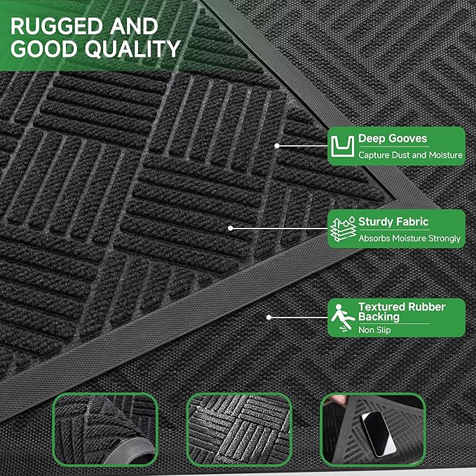 100pointONE Front Door Mat, Heavy Duty Indoor Outdoor Doormat, 48" x 24" Low Profile Outdoor Mats for Home Entrance, Stain and Fade Resistant Welcome Mat Ideal for High Traffic Area, Diamond Black