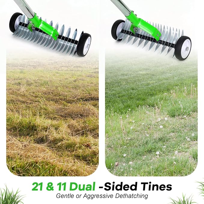 Thatch Rake, Adjustable Garden Rake Head and 38"–65" Handle with Wheels, 21 & 11 Dual-Sided Steel Tines, Heavy-Duty Lawn Dethatching Rake for Grass, Soil Loosening，Landscape and Lawn Care（Green）