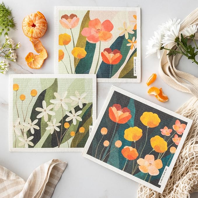 Swedish Dishcloths – Wildflower Garden Floral Designs – Reusable Compostable Cellulose Sponge Cloth – Eco-Friendly Paper Towel Alternative 3 Pack
