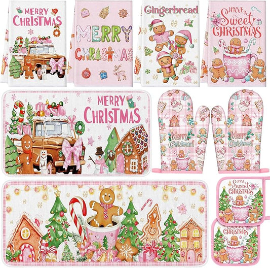 Fanfanwin 10 Pcs Winter Oven Mitts Pot Holders Kitchen Rug and Towel Set Absorbent Towels for Baking Cooking BBQ Gifts Kitchen Decor(Pink,Gingerbread Man)