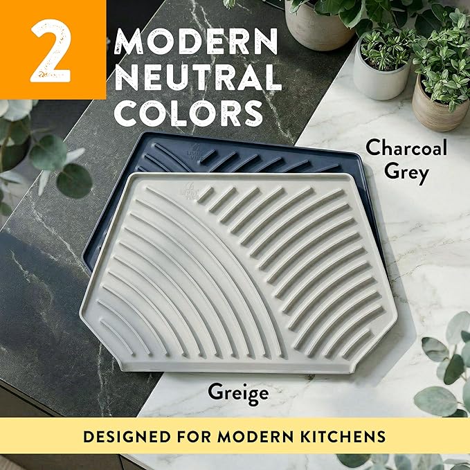 Silicone Dish Drying Mat with Drain, Self-Draining, Heat Resistant & Non-Slip Kitchen Counter Mat, Easy to Clean, Reusable, 19.3'' x 13'', Greige