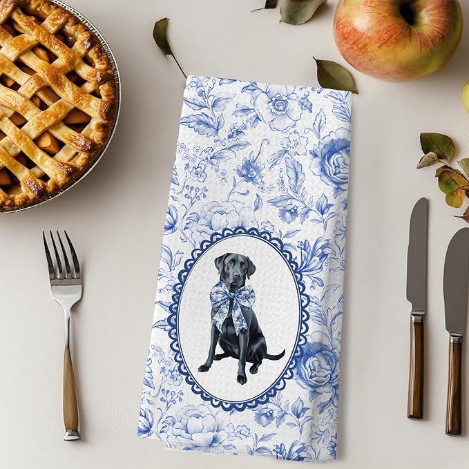 Chinoiserie Black Labrador Retriever Kitchen Towels, Blue and White Floral Black Lab Gifts Dish Tea Towels, Grandmillennial Botanical Dog Hand Towels for Kitchen Bathroom, 16x24 Inch