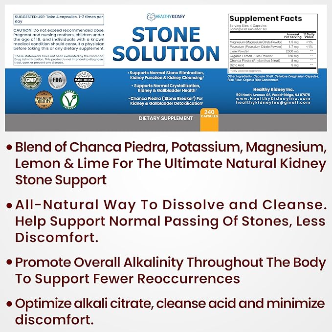Stone Solution Capsules- Natural Dissolver, Kidney Stone Support & Kidney Cleanser Chanca Piedra Stone Breaker Gallbladder Cleanse, Flush & Stop Recurrence, Stone Relief 60 Servings