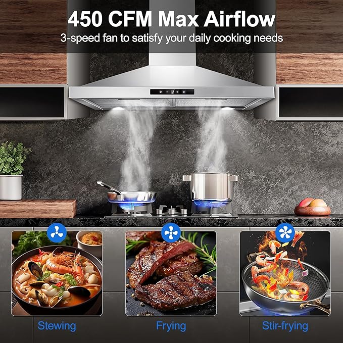 Tieasy Range Hood 30 inch Wall Mount, Kitchen Vent Hood 450 CFM in Stainless Steel, Stove Vent Hood with Ducted Convertible Ductless, Touch Switch, LEDs Light, 3-Speed Fan, Aluminum Filters