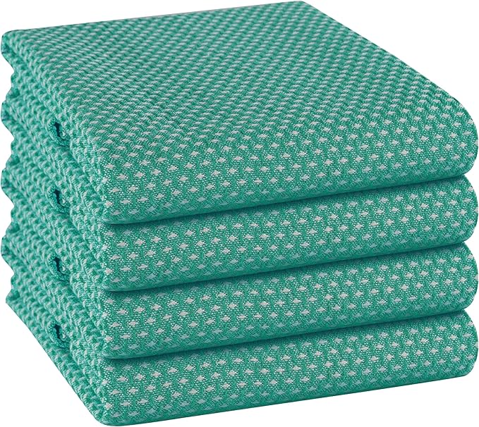 TWINY threads Kitchen Towels Set of 4, 100% Cotton Dotted Dish Towel, Soft, Tea Towels with Hanging Loop (18"x 28"), Washable Bar Towels for Table Cleaning - Turquoise Green