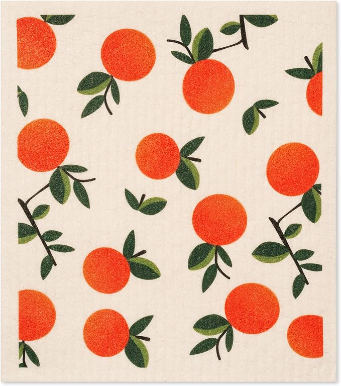 Swedish Dishcloths 3-Pack, Super Absorbent Reusable Cellulose Sponge Cloths, Eco-Friendly Kitchen Cleaning Towels, Machine Washable, with Citrus Oranges Print 7.87x6.88 inch