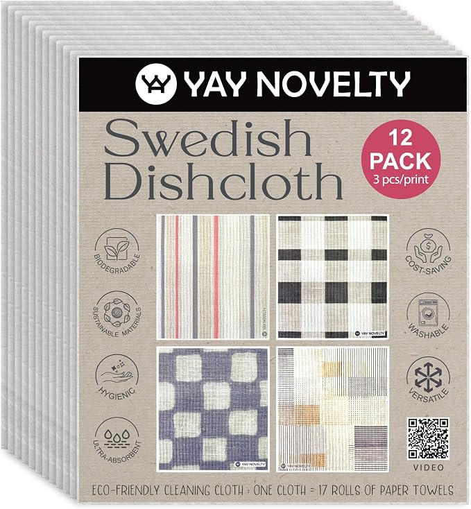 Swedish Dishcloths - 12 Pack | Made in Germany | Ultra-Absorbent, Reusable Cellulose Sponge Cloths for Kitchen | No-Odor, Eco-Friendly Cleaning Wipes | Water-Based Ink | Texture
