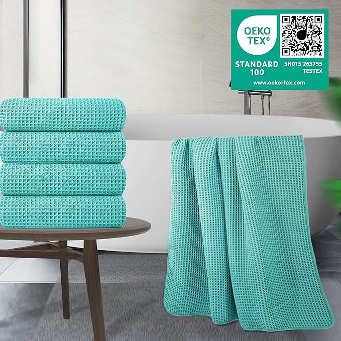 POLYTE 430 GSM Microfiber Oversize Quick Dry Lint Free Bath Towel, 60 x 30 in, 4 Pack (Waffle Weave)